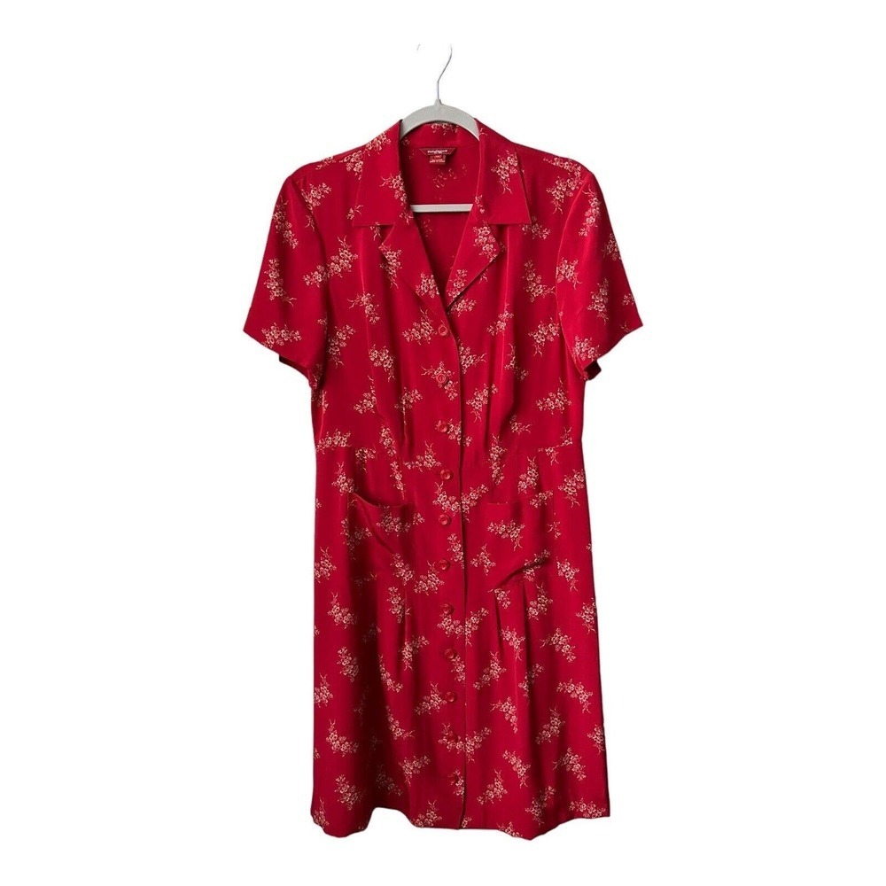 Sundance 100% Silk Dress Button Front Asian Red Size 10 Short Sleeve Floral